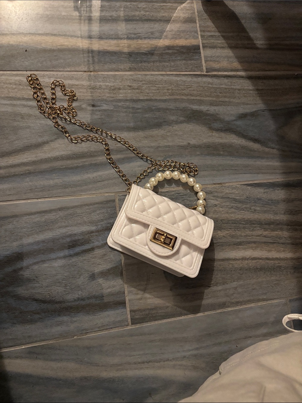 White Quilted Mini Crossbody with Pearl Handle